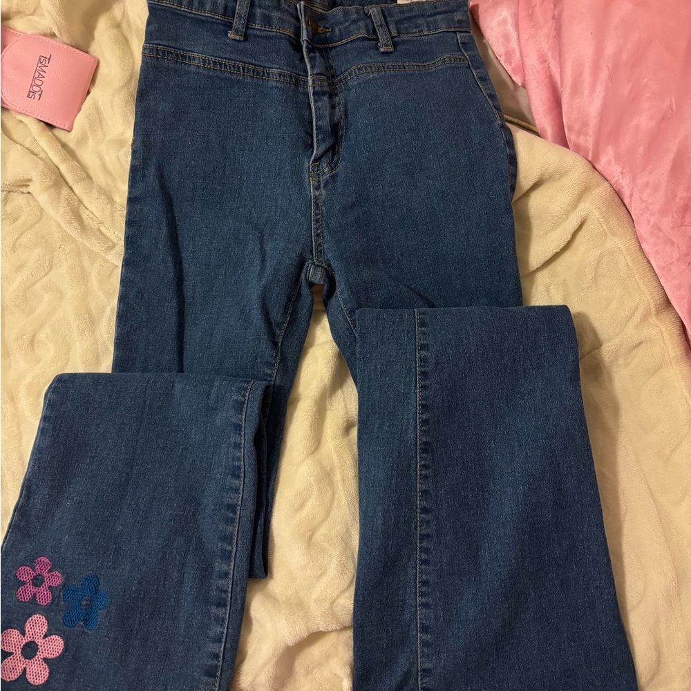 patch work, dark wash, flare jeans, size xs/2